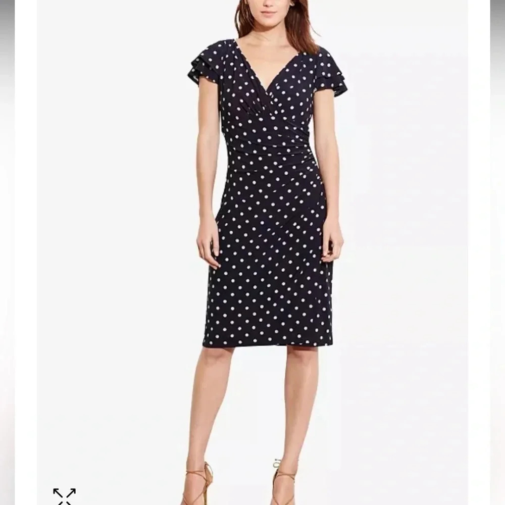 Lauren Ralph Lauren black & tan / gold polka dot empire waist dress size 8